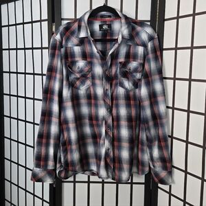 Rock & Republic Navy & White & Coral Plaid Stretch Button-Up